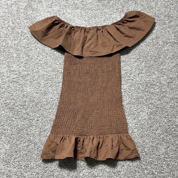 Anthropologie Women's Sz Small Smocked Off-Shoulder Midi Brown Dress Ruffle Hem - Picture 8 of 9